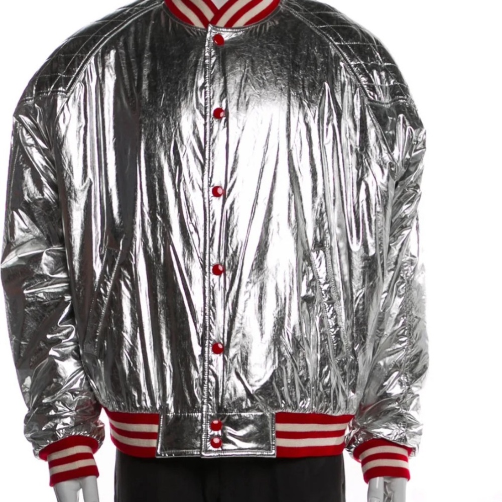 Men’s Celine Teddy Blouson Striped Bomber jacket silver metallic sz 50